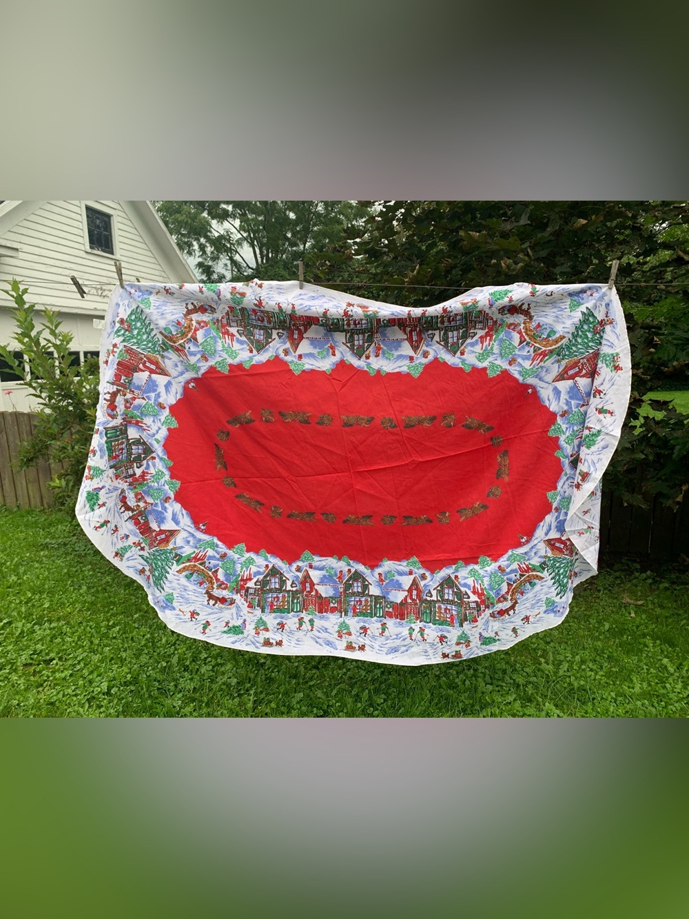 Vintage Christmas Village Tablecloth Made In Spain W/Flaws MCM ~80x55”